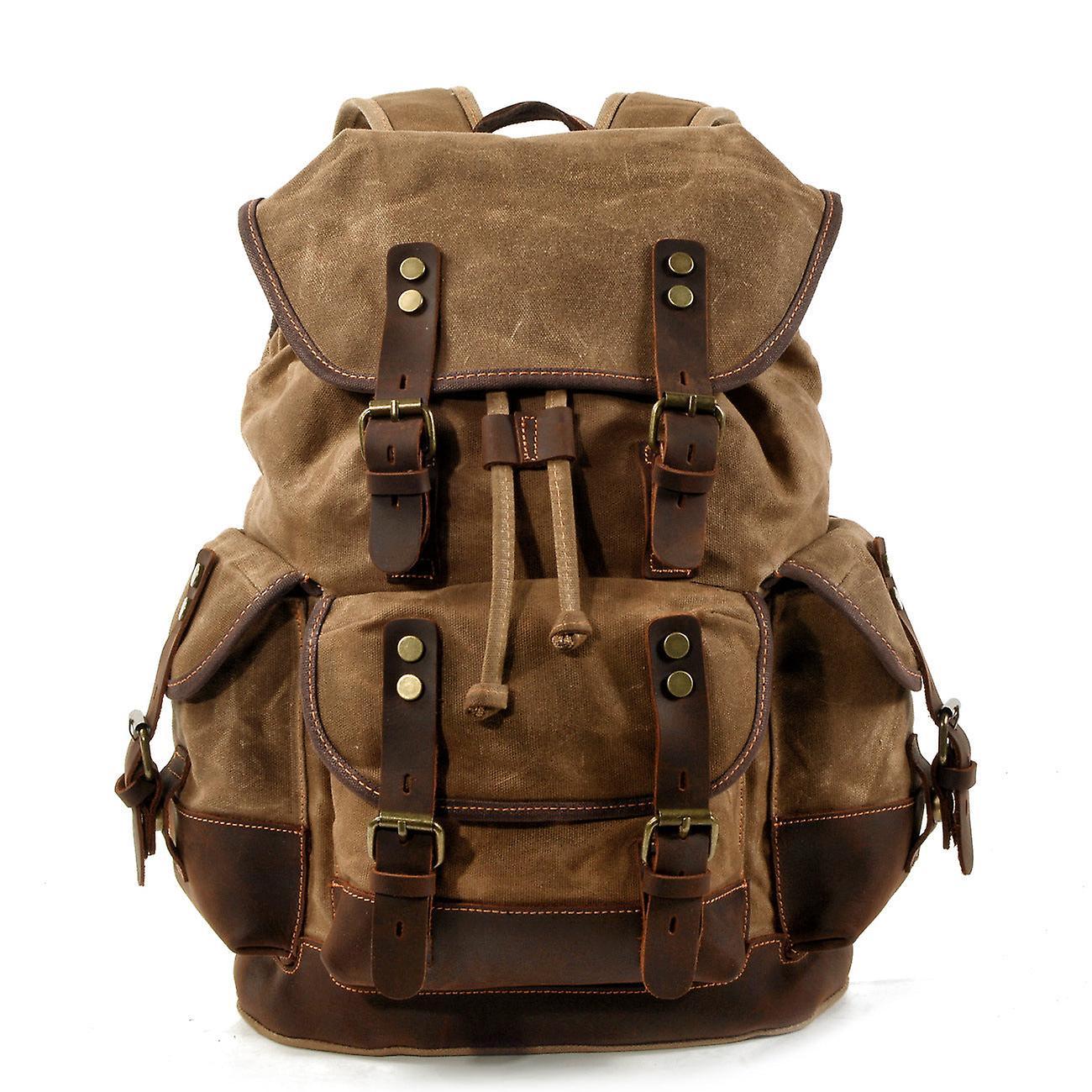 The Brands Market Canvas stitching leather mountaineering backpack Khaki