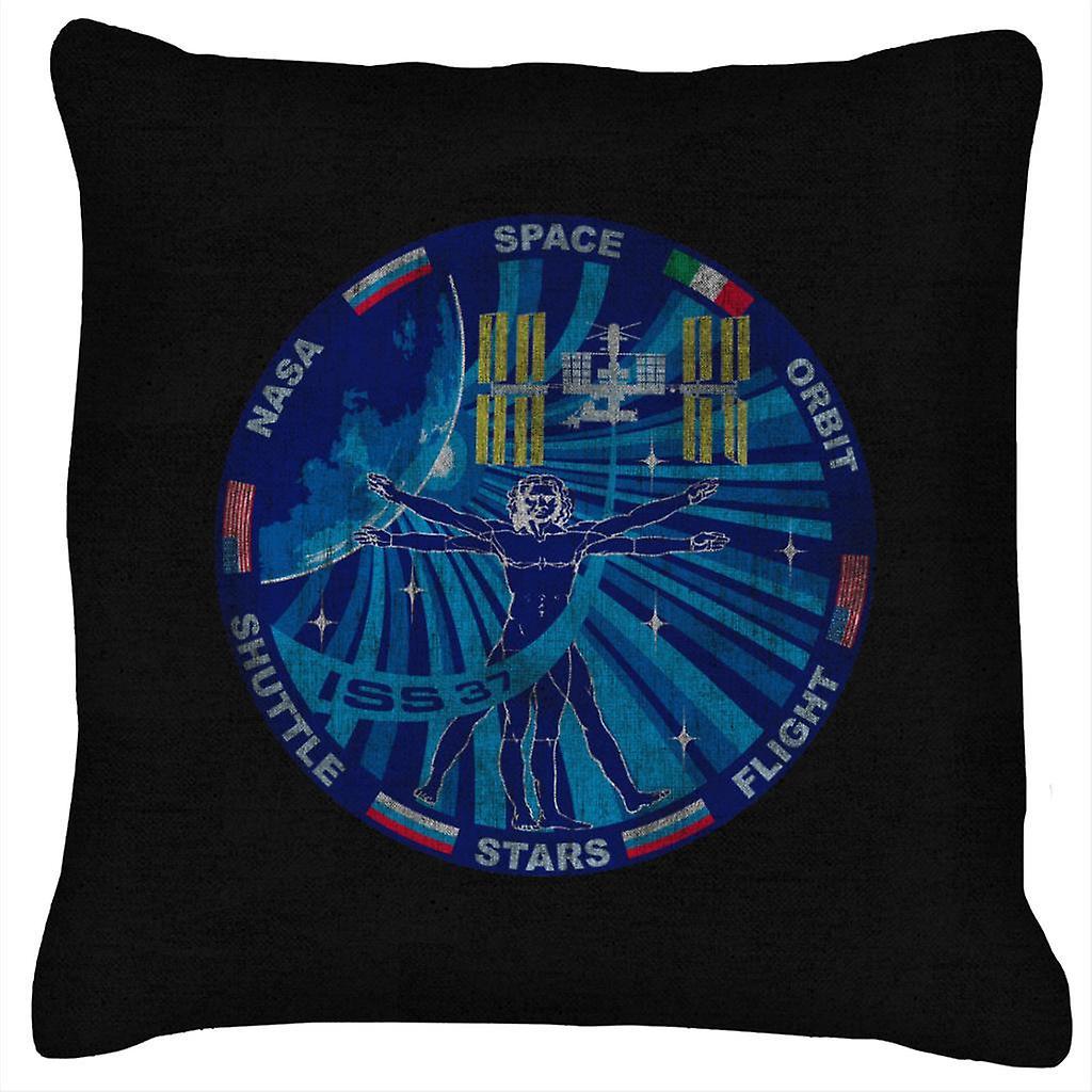 NASA ISS Expedition 37 Mission Badge Distressed Cushion Black 40 x 40cm