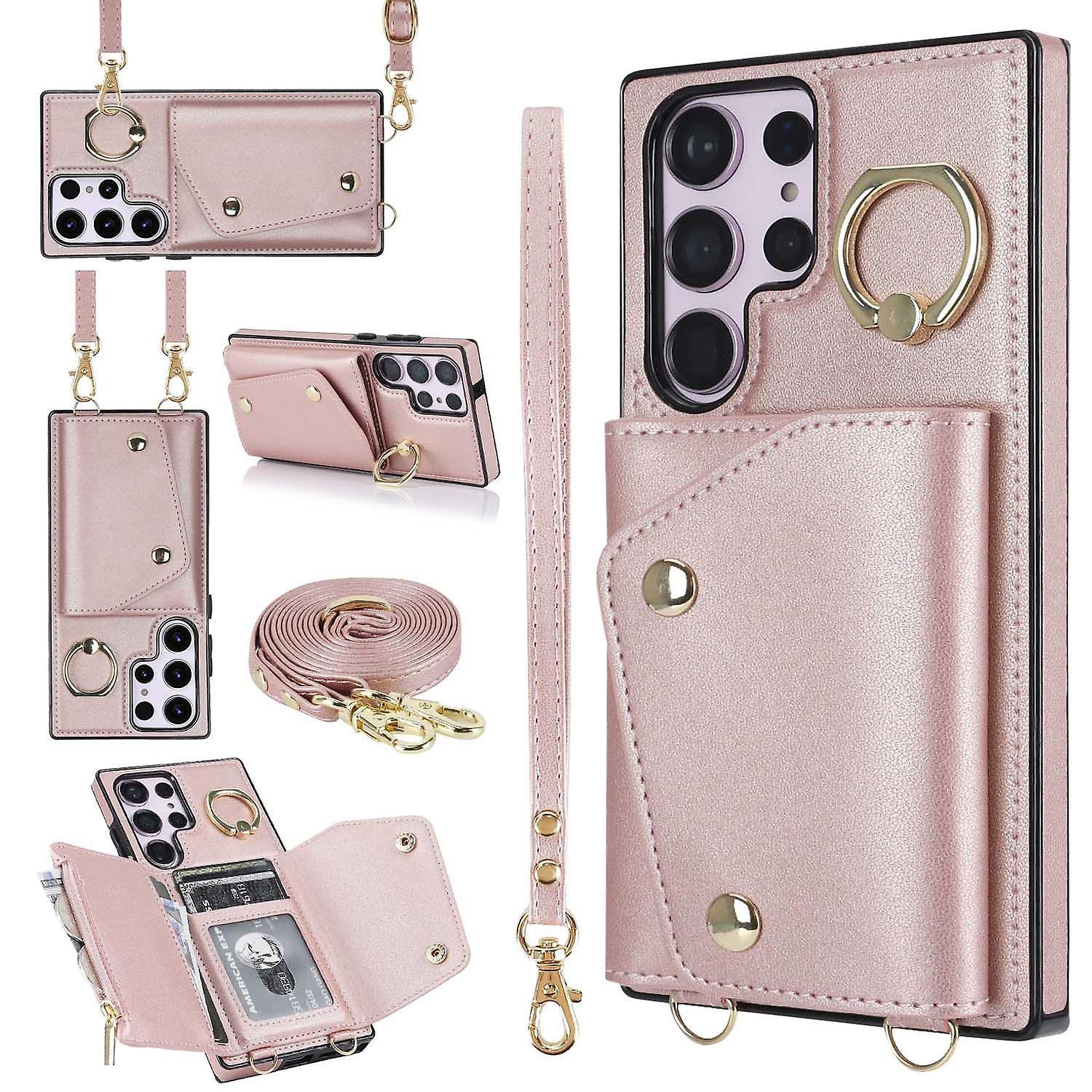 Hoh Crossbody Wallet Case Compatible With Samsung Galaxy S24 Ultra, Pu Leather Cover With Card Holder, Ring Holder & Hand Strap Rose Gold For Galax...