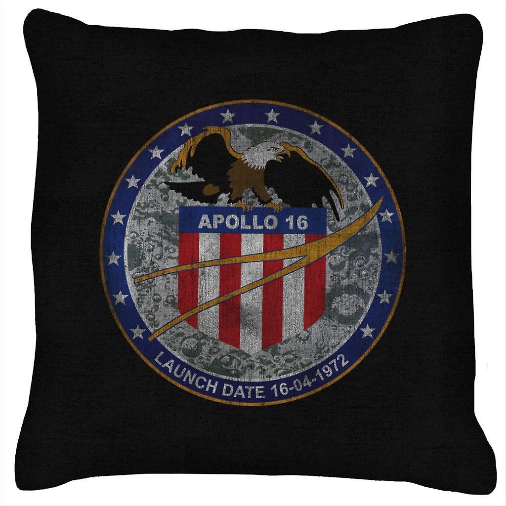 NASA Apollo 16 Mission Badge Distressed Cushion Black 40 x 40cm