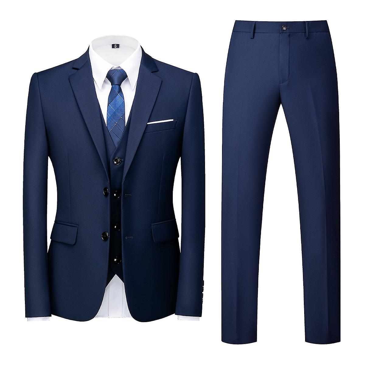 Allthemen Men's Suit 3-Piece Slim Fit Single Breasted Two Buttons Wedding Tuxedo Suit Blazer Vest Trousers Dark Blue 2XL