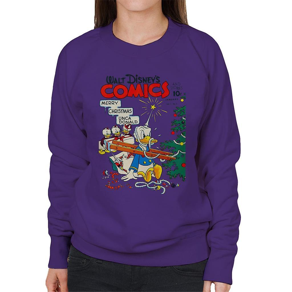 Disney Christmas Donald Duck Xmas Tree Chaos Women's Sweatshirt Purple Medium