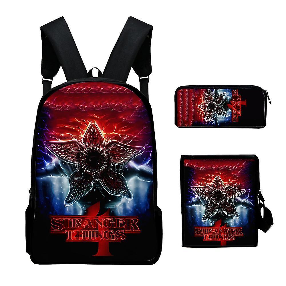 Lequeen 3pcs/set Stranger Things Demogorgon Printed Backpack + Crossbody Bag + Pencil Case School Student For Kids Boy Girl