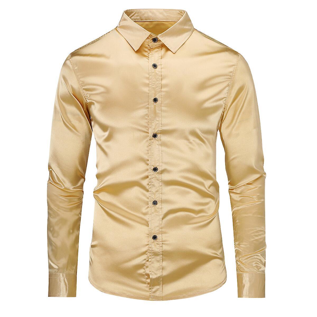 YOUTHUP Mens Fashion Casual Long Sleeve Lapel Shirt Gold M