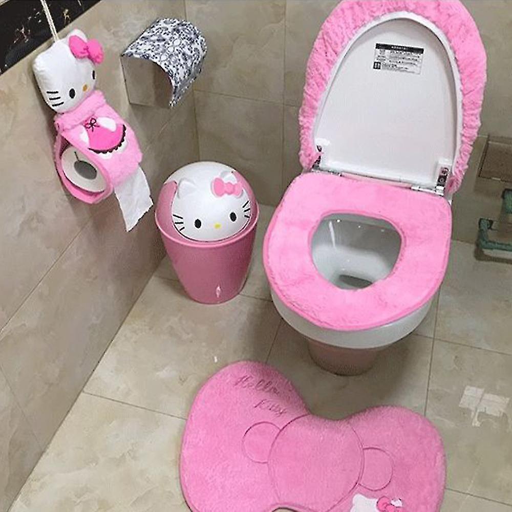 Sszfv Sanrio Hello Kitty Toilet Cover Set Kawaii Anime Figure Plush Paper Towel Pump Cushion Carpet Bathroom Household Soft Plush Cute A