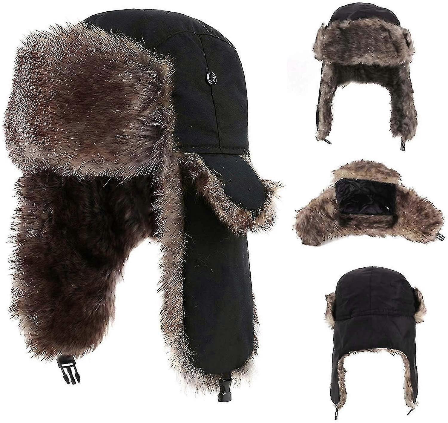 Aiducho Trapper Ushanka Hat Warm Russian Trooper Fur Earflap Winter Skiing Hat Cap Black