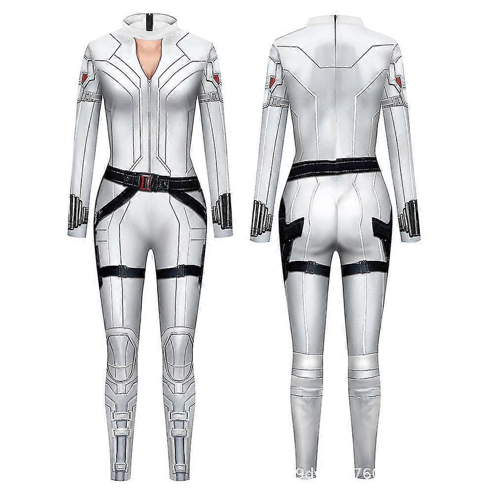 Unbrand 1pcs Superhero Black Widow Jumpsuit Cosplay Costume Adult Women Halloween Carnival Party Tight-fitting White Bodysuit XL