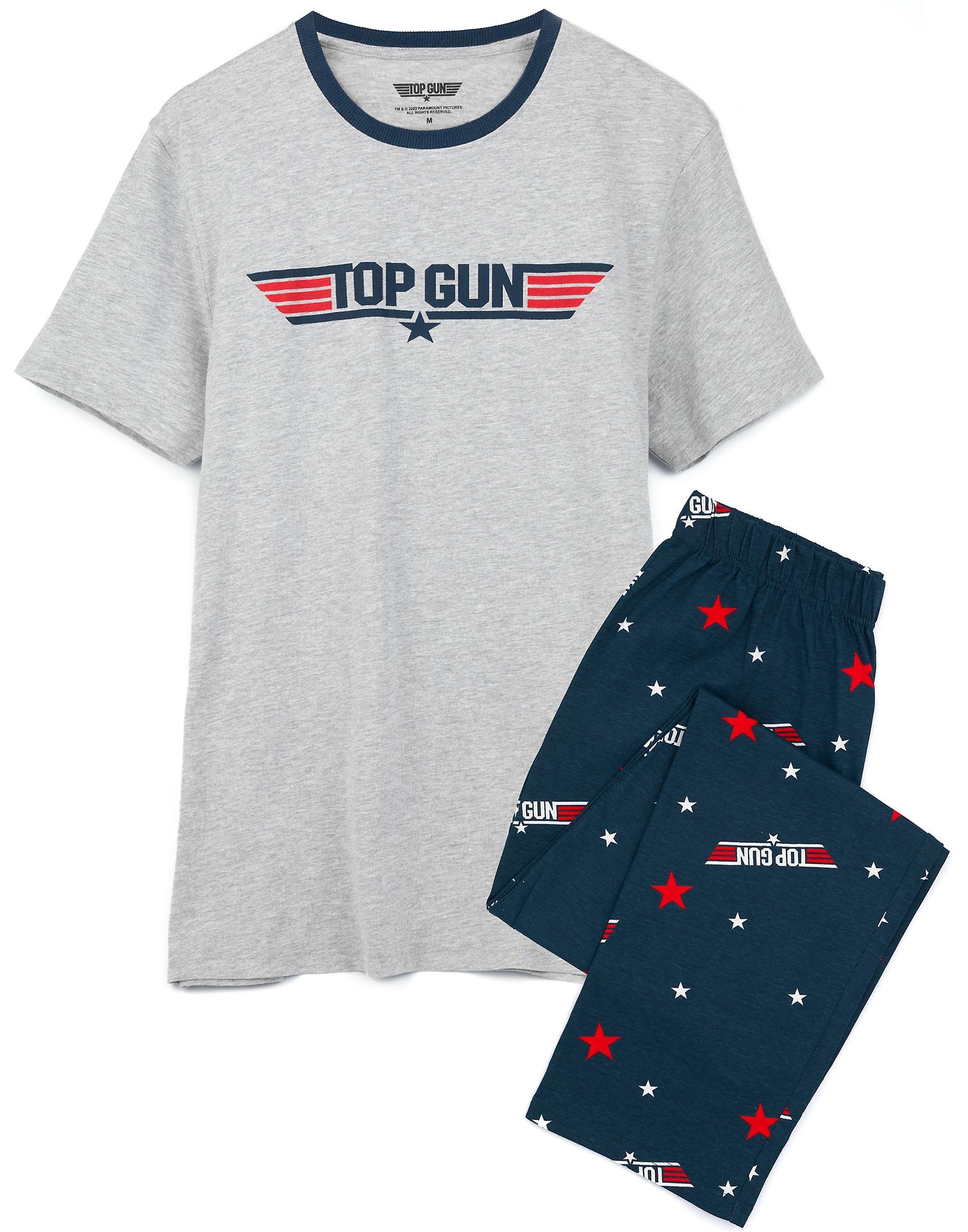 Top Gun Mens Short Sleeve Long Leg Pyjama Set Black Logo Print Top & All Over Print Bottoms X-Large