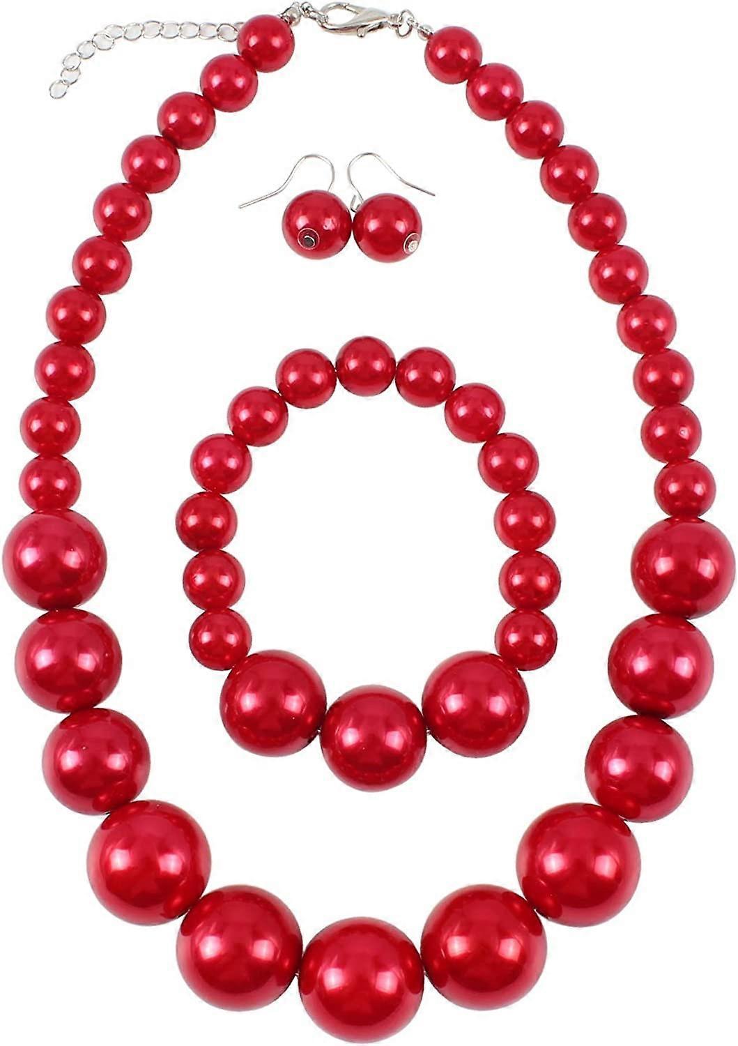 Ubiuo Simple Large Big Simulated Pearl Statement Necklace Bracelet and Earrings Jewelry Set (Red)