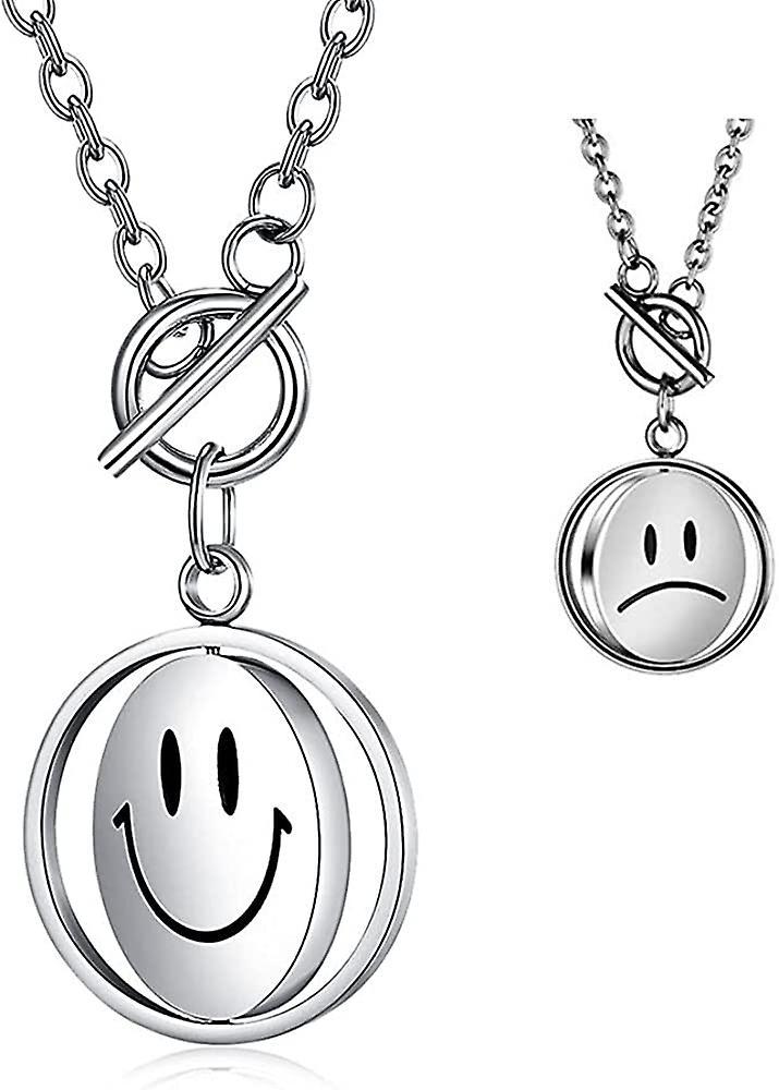 Liangnv Creative Rotatable Smiley Face Pendant Necklace Stainless Steel Spinning Smile Face Change Sad Face Minimalist Clavicle Necklace For Men Wo...