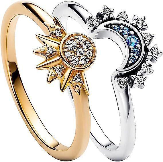 Moye Celestial Sun and Moon Ring Set, Sparkling Sun Ring/Blue Moon Ring Gold 7