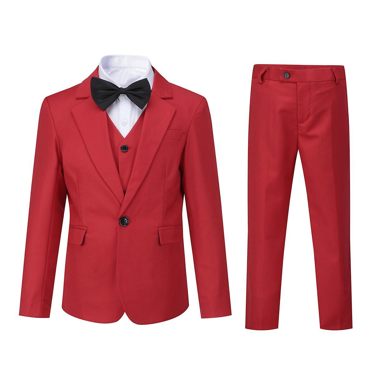 Sliktaa Boys 3Pce Formal Suit Slim Fit Blazer and Vest and Pants Red 160CM