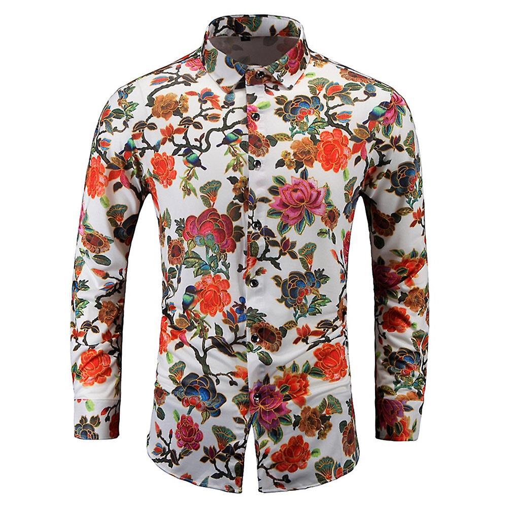 Allthemen Mens Casual Floral Large Size Long Sleeve Shirt Red M