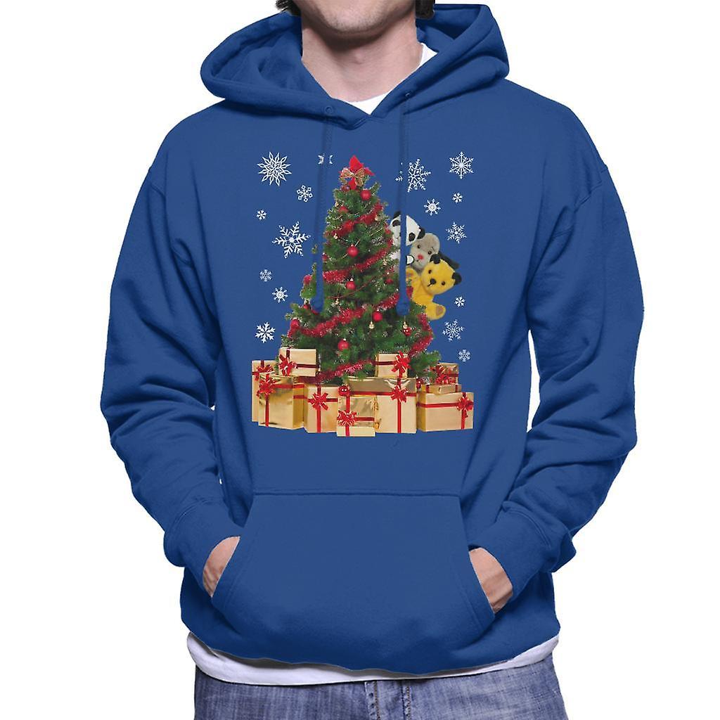 Sooty Christmas Characters Peeking Around Xmas Tree Men's Hooded Sweatshirt Royal Blue Medium