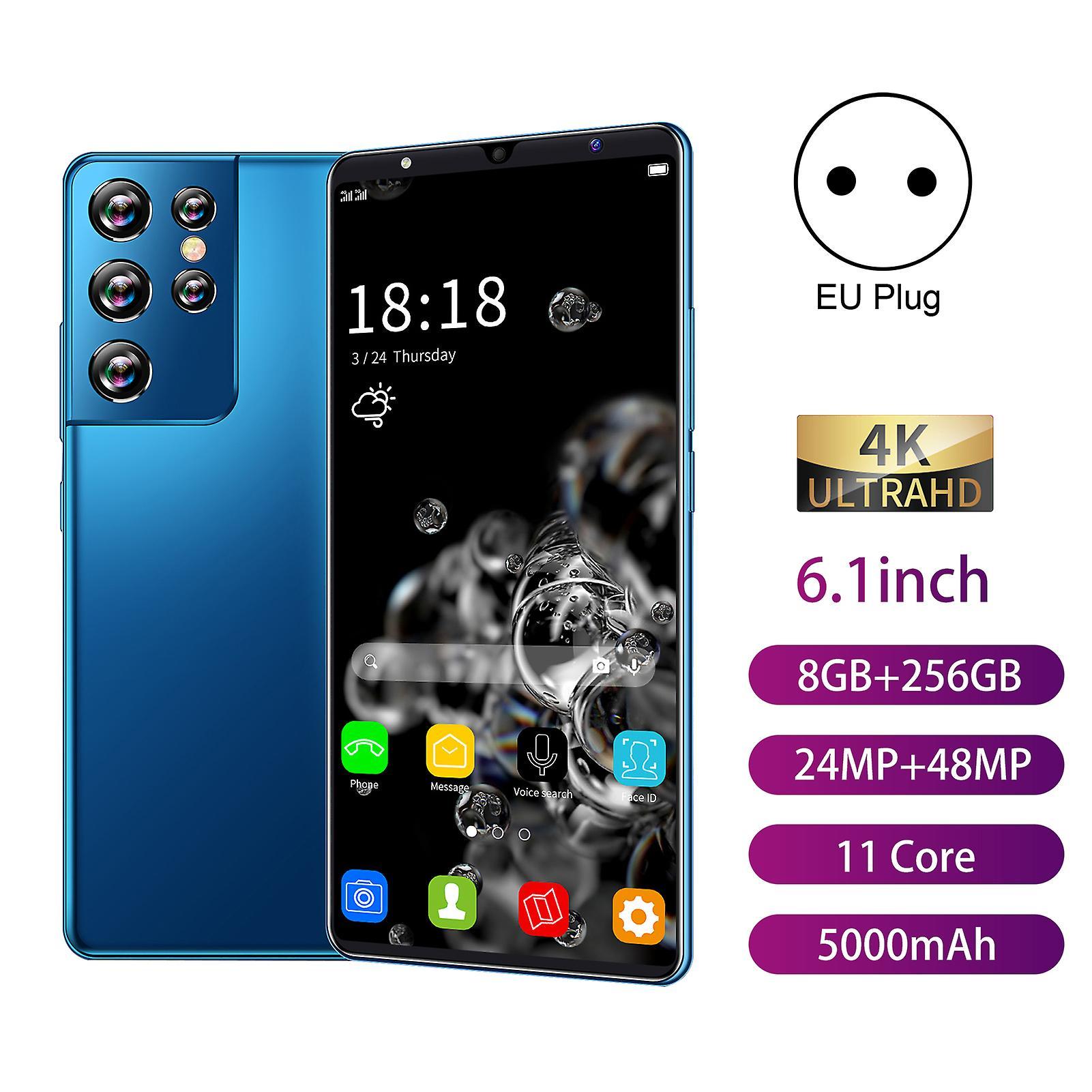 Fairnull S21 Ultra Smartphone 5G Auto Focus 6.1inch Large High Clarity Full Screen Phone Blue EU Plug,8GB+256GB