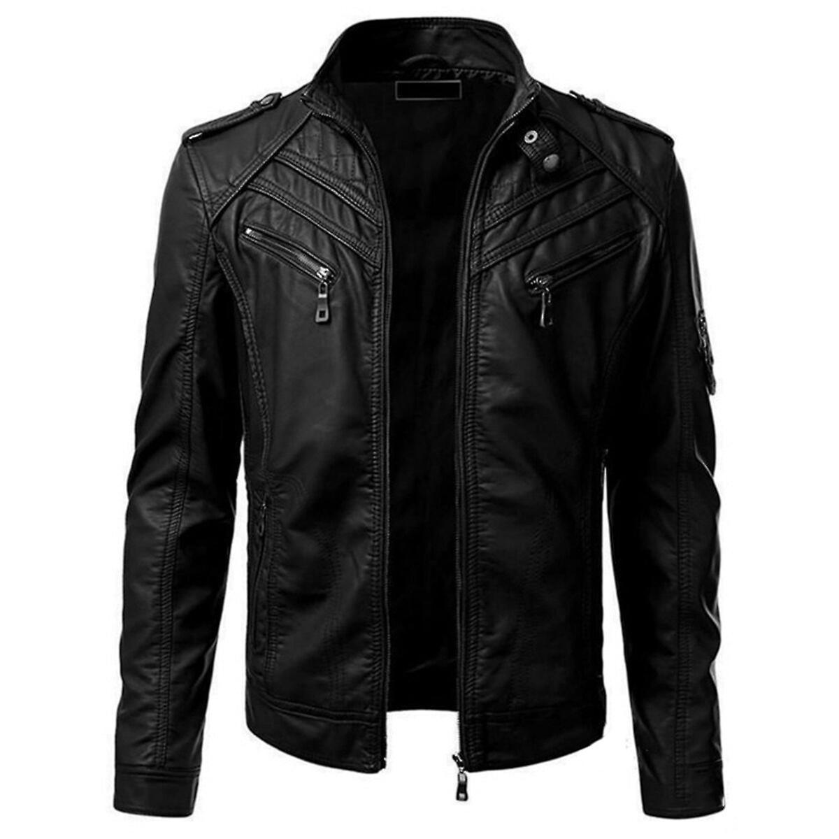 Allthemen Mens Four Season PU Leather Zipper Motorcycle Jacket Black 2XL