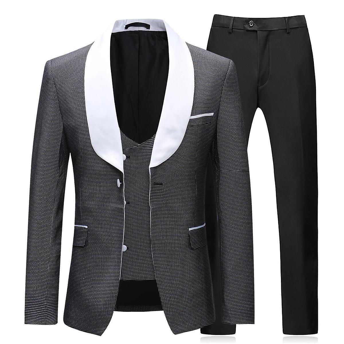 Allthemen Mens 3-Piece Shawl Collar Printed Slim Suits Black XS