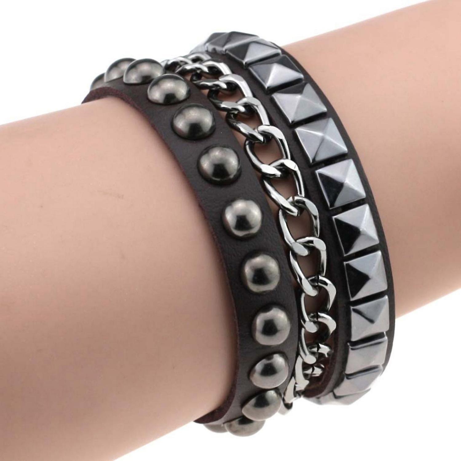 Merryso Women's Layered Punk Rock Rivet Bracelet Studded Faux Leather Metal Chain Bangle Dark brown