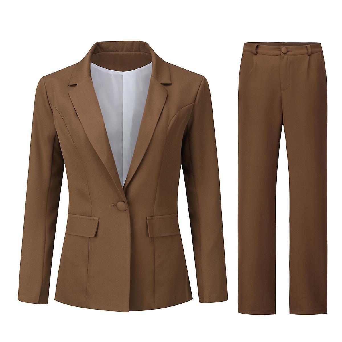 Yynuda Womens 2-piece Slim Fit Solid Color Business Suit(blazer+pants) Brown L