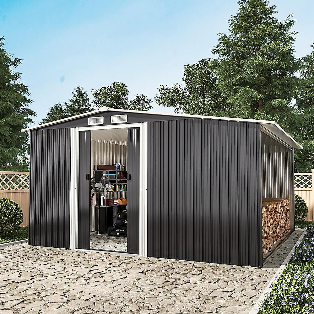 Living And Home 8ft x 8ft Metal Garden Shed With Firewood Log Storage-Dark Grey