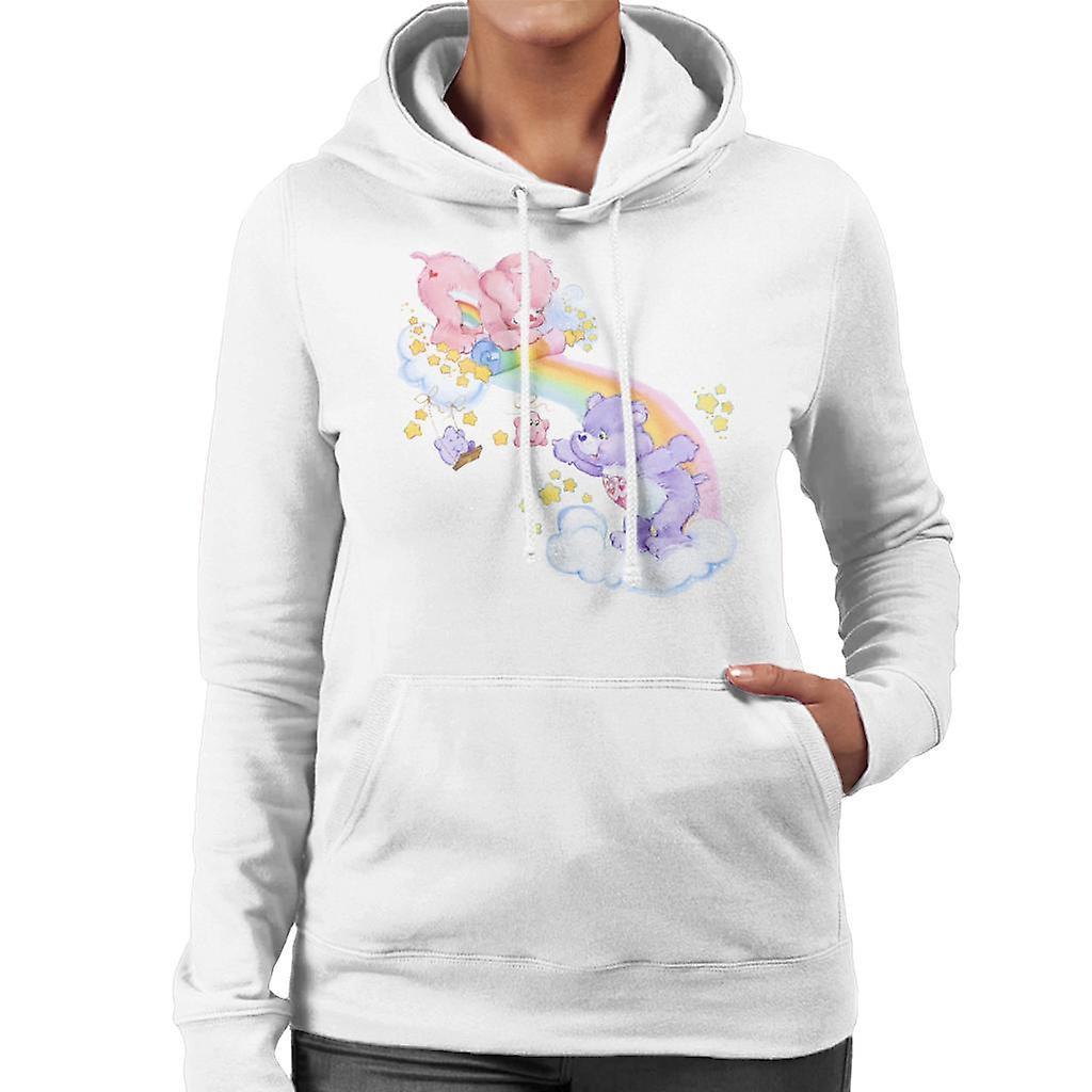 Care Bears Cheer Bear And Share Bear Unrolling A Rainbow Women's Hooded Sweatshirt White Large