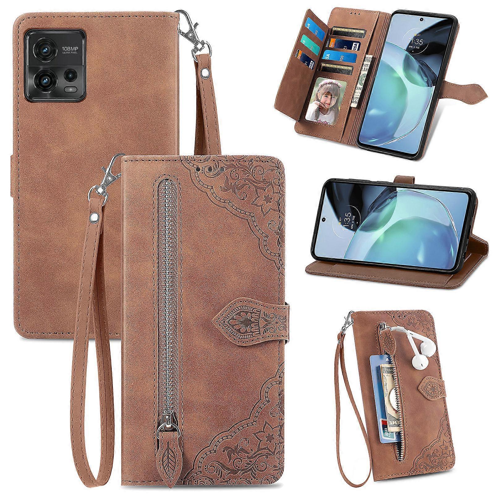 Gangxun Case for Motorola Moto G72 Forest series Zipper Magnetic Flip wrist Strap Cover Compatible with Motorola Moto G72 Case Brown A