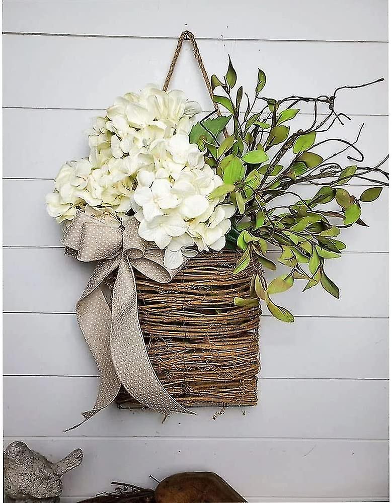 Tianzun Cream Hydrangea Door Hanger Basket Wreath, Spring And Summer Wreath, Farmhouse Door Hanger Wildflower Basket Wreath White