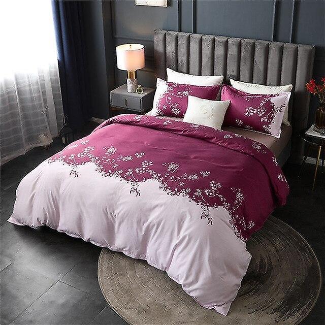 Slowmoose Nordic Pastoral Simple Floral Printed Duvet Cover Set Purple-Red US-Full 200x230cm