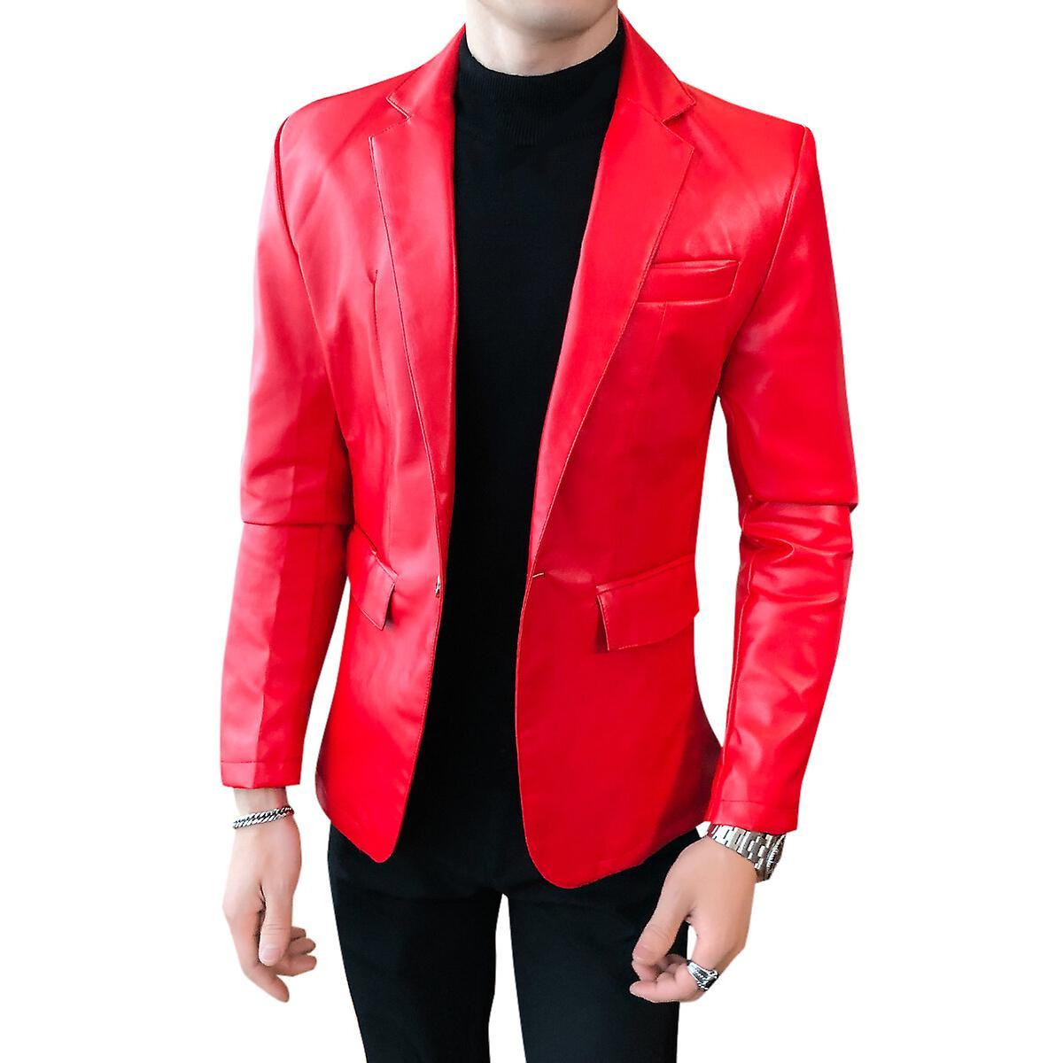 Sliktaa Mens Slim Fit Shiny Glossy Waterproof Leather Blazer Red M