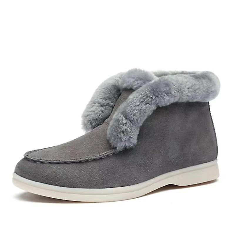 El Contente Ankle Fur Warm Slip-on Cow Suede Leather Shoes For Women Gray 37