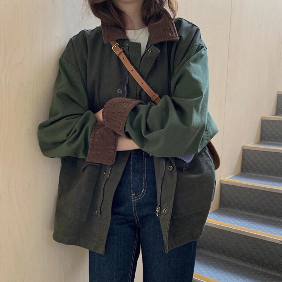 Barsinfi Patchwork Turn-down Collar Corduroy Jacket Coat Autumn Loose Hip Hop Jacket Women Streetwear Casual Outerwear Female Top Army Green M