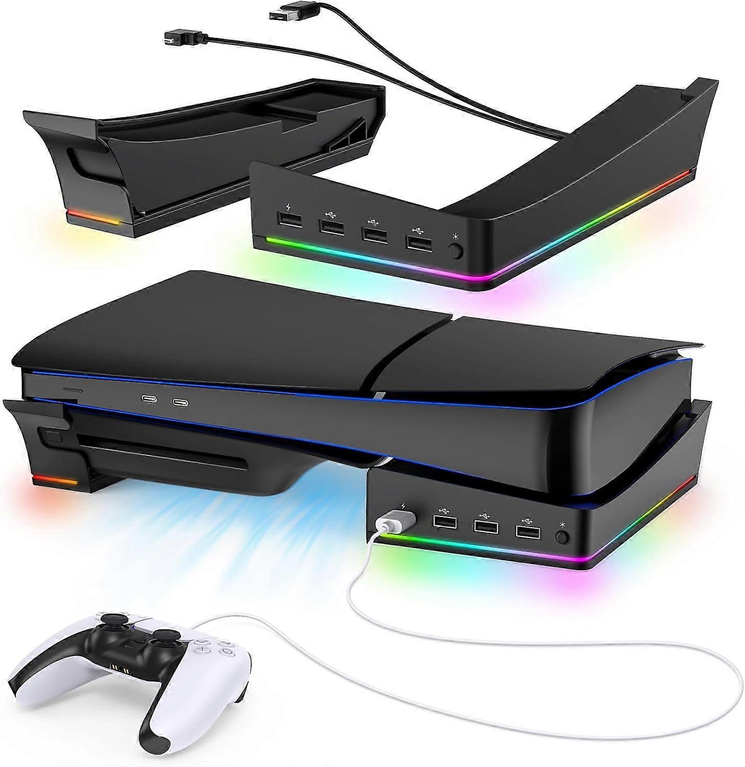 Unbrand PS5 Slim Horizontal Stand, RGB Horizontal Stand Compatible with Playstation 5 Slim Disc & Digital, with 14 Light Mode and 4 USB Hubs Black