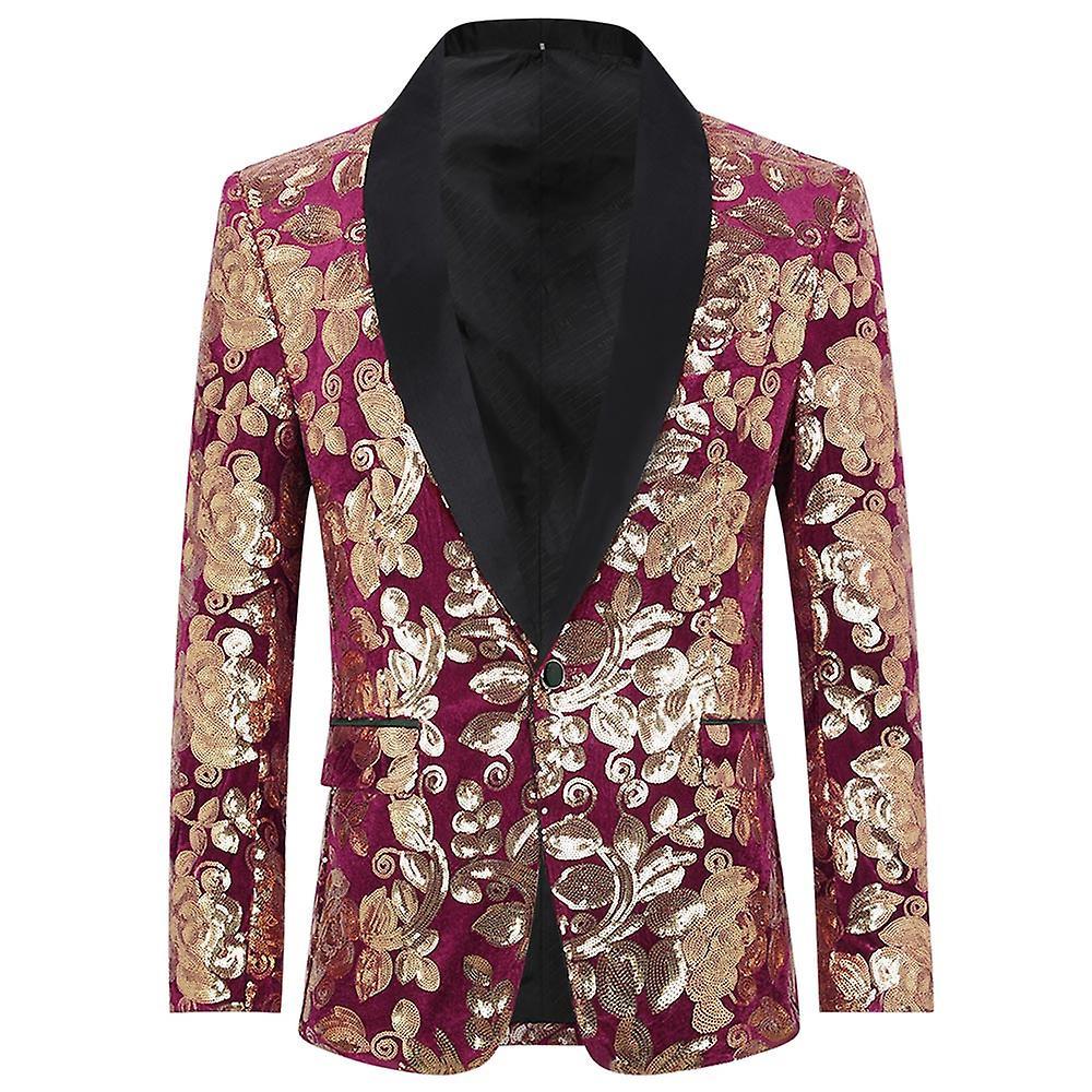 Allthemen Mens Sequins Wedding Banquet Shawl Collar Suit Jacket Wine Red/Gold M