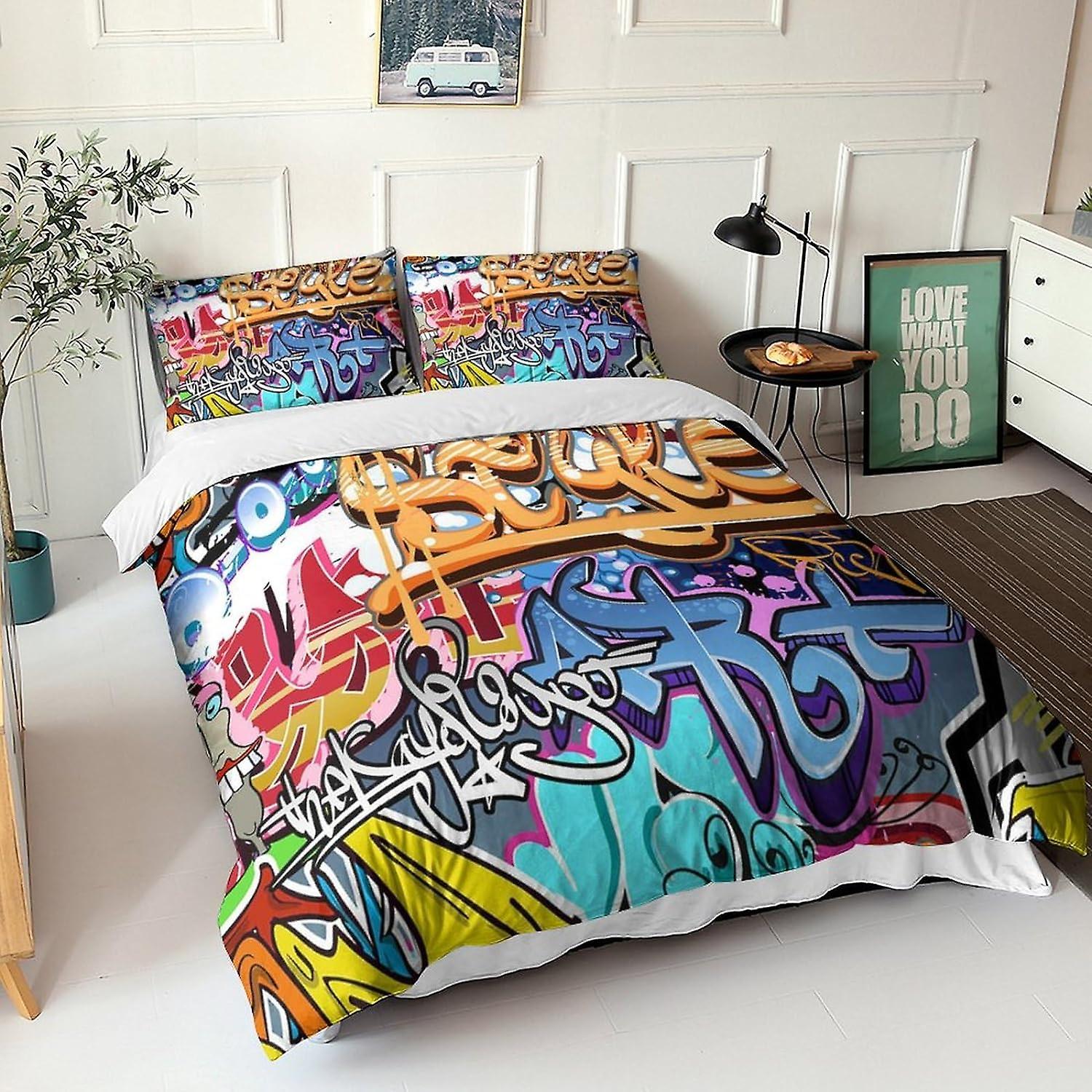 Kerota Graffiti D Duvet Cover Set Layered Text for Kids Adults Printed Duvet Cover Bedding Set with Pillowcase Hypoallergenic Double 135*200 CM Dou...