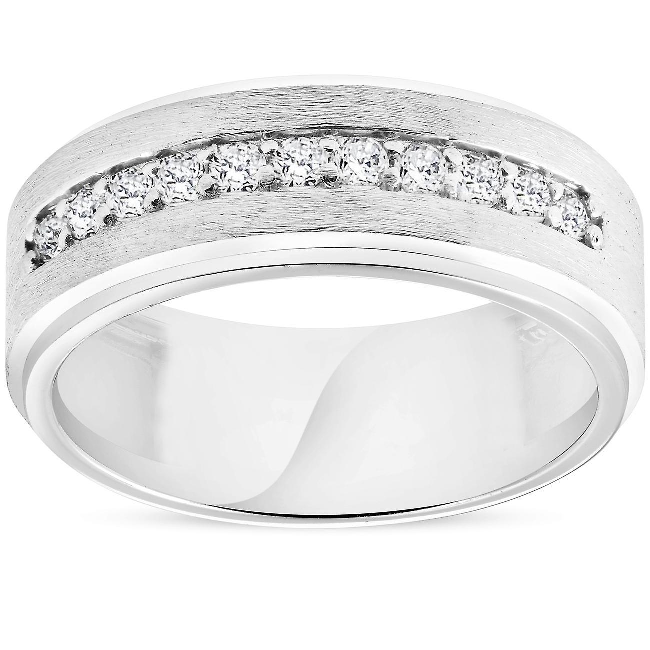 Pompeii3 Mens 3/8ct White Gold Diamond 10k Brushed Wedding 8MM Anniversary Band 10