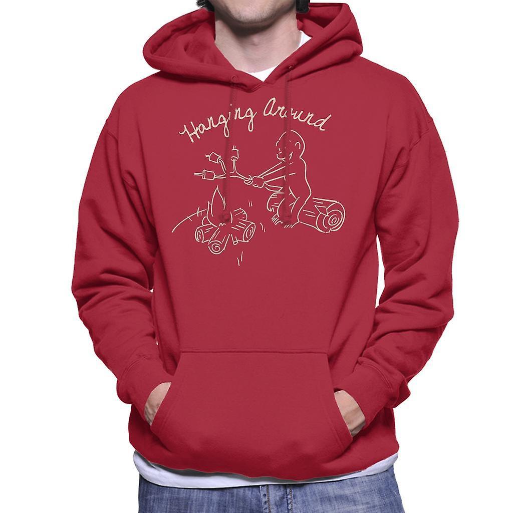 Curious George Hanging Around The Campfire Men's Hooded Sweatshirt Cherry Red Large