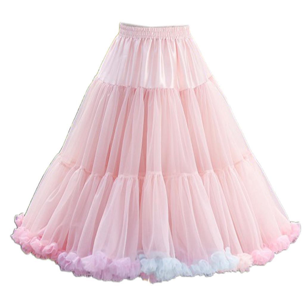 unbrand Women Elastic Waist Puffy Tulle Petticoat Rainbow Cloud Short Tutu Skirt Ballet Dance Pettiskirts Lolita Underskirt pink 55cm