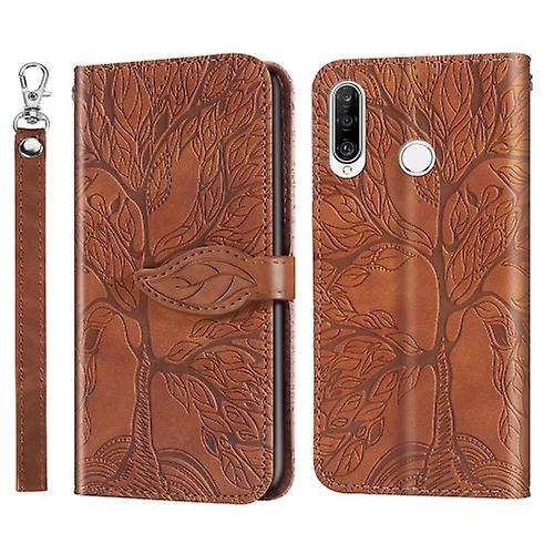 Goodcase For Huawei P30 Lite Life Of Tree Embossing Pattern Horizontal Flip Leather Phone Case Brown