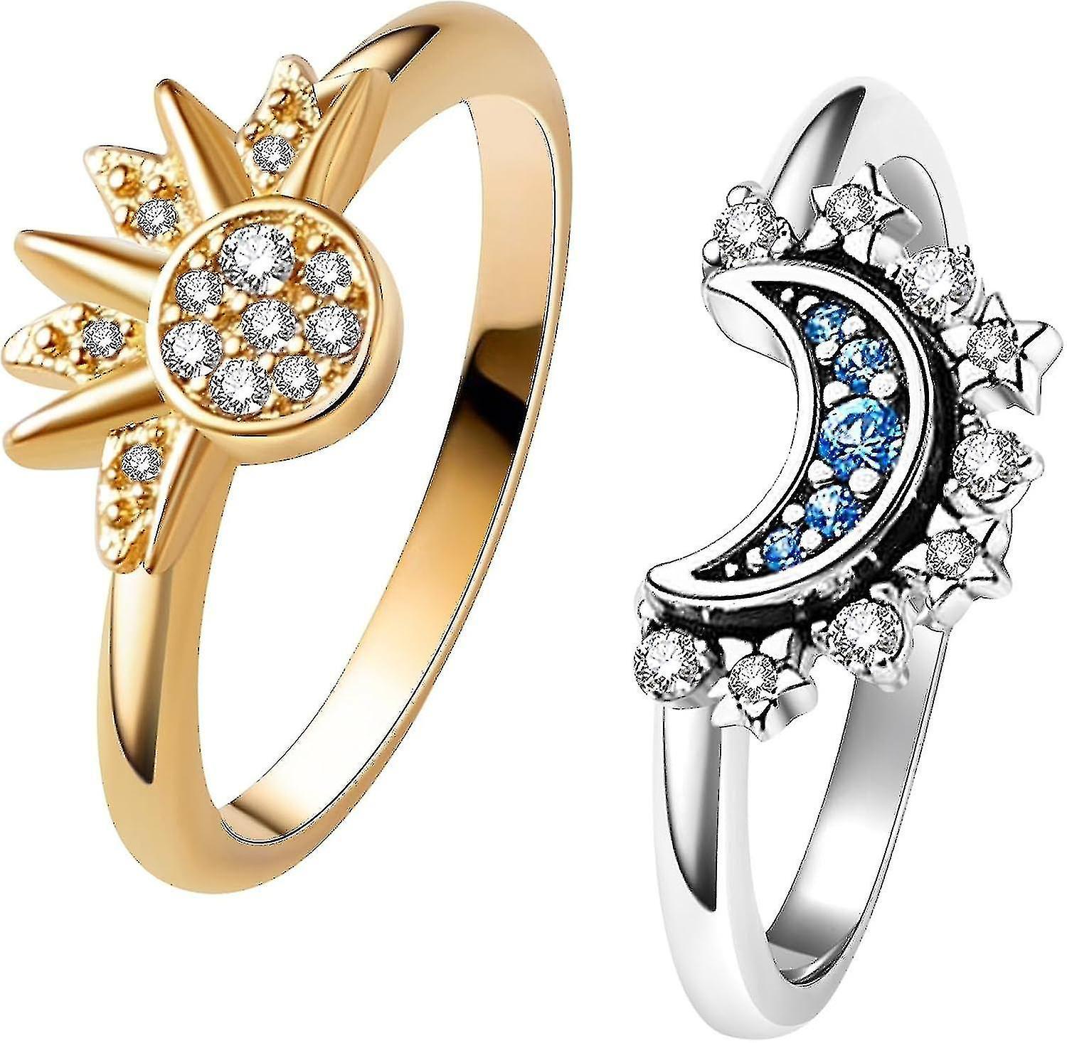 Banmo Celestial Sun And Moon Ring Set, Sparkling Sun Ring/blue Moon Ring With 14k Gold/silver Plating