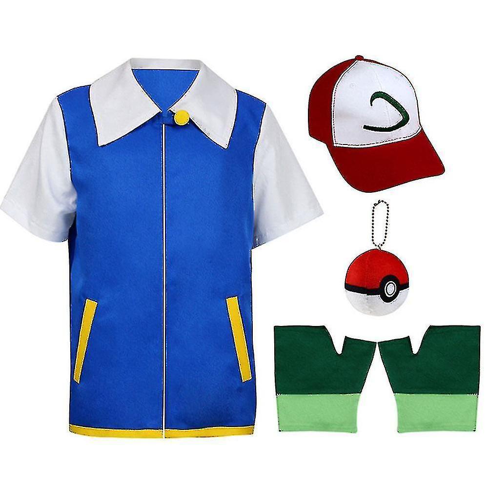 Zhenv Kids Creative Cosplay Ash Ketchum Blue Jacket Anime Figure Role-playing Show Clothes Trainer Cap And Gloves Set Ash Ketchum Sets 120