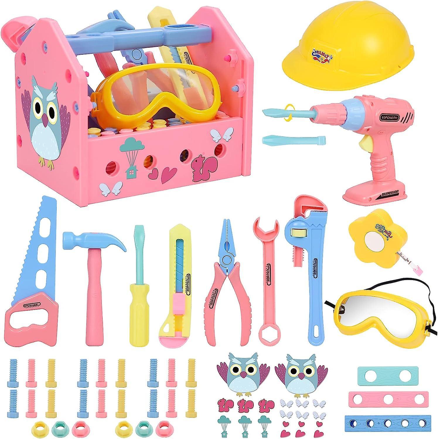 Sucova Girl Toy Tool Set Pretend Play Construction Tool Accessories Tool Toys With Hat Tool Box Tape Measure Toy Electric Drill Hammer