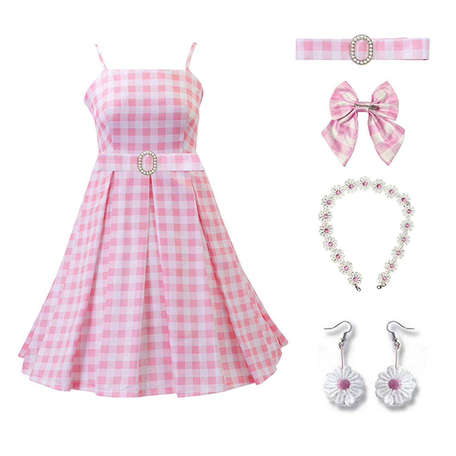 Volord Margot Robbie Cosplay Costume 2023 Women Pink Plaid Dress Girls Skirt Hair Bow Daisy Necklace Earrings Set Halloween Suit S