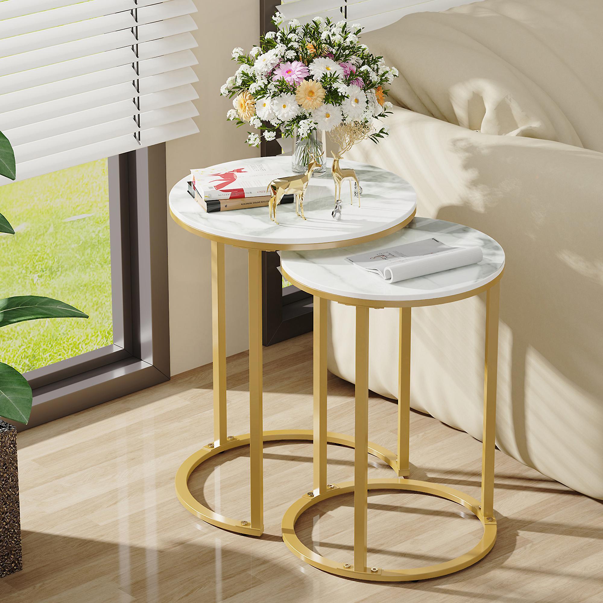 Unho Gold Round Nesting Side Table With Sintered Stone Tops