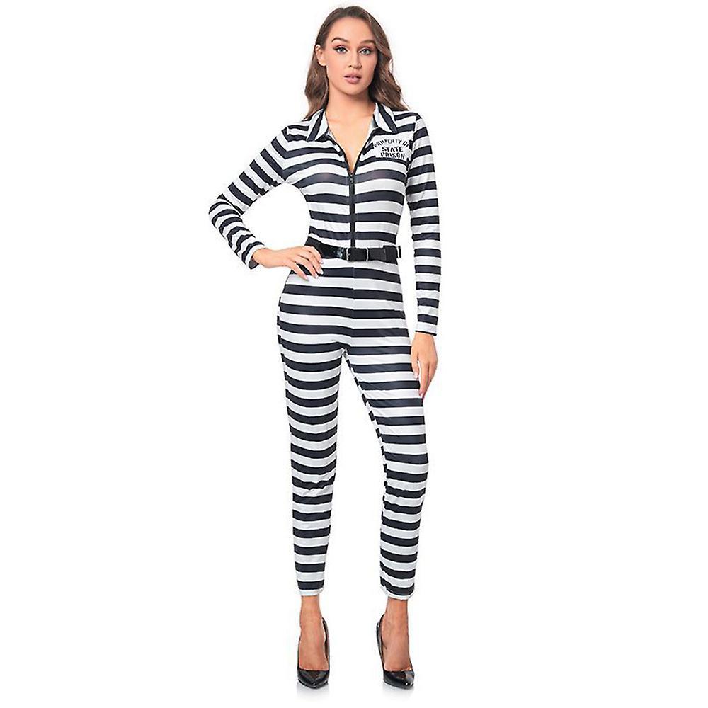 Ochime Women White Striped Prisoner Costume With Handcuff For Prison Violent Prisoner Costumes Violence Costume M