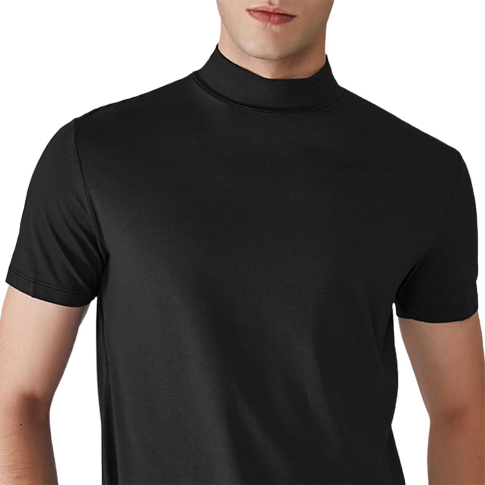 Fianao Men Half High Collar Slim Fit T-shirt Summer Casual Short Sleeve Solid Color Elastic Thin Pullover Tee Shirt Black L