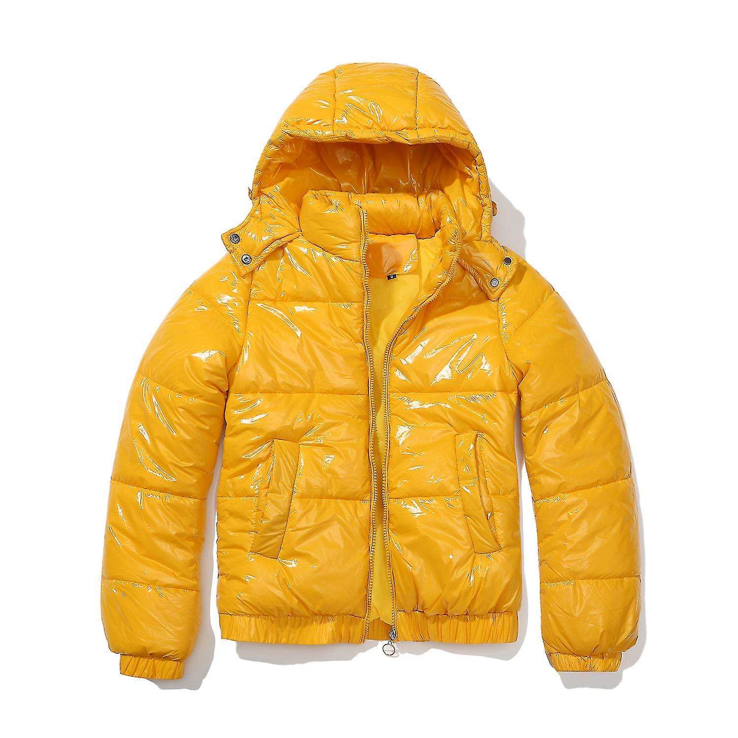 Boeyaa Women Shiny Winter Jacket Stand Collar Coat With Hood Yellow L