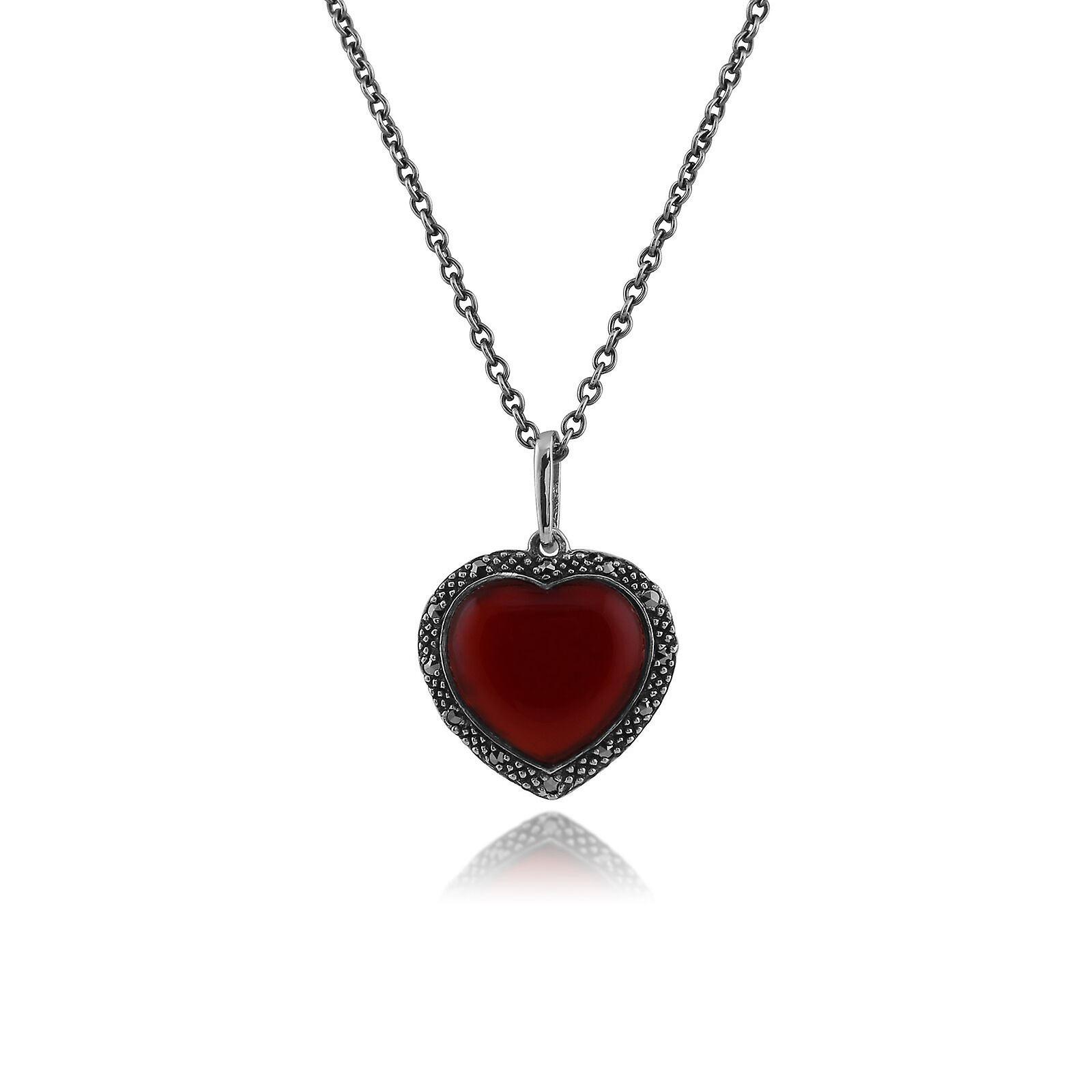 Gemondo Art Deco Style Heart Carnelian & Marcasite Halo Love Heart Pendant Necklace in 925 Sterling Silver 214N673601925 One Size