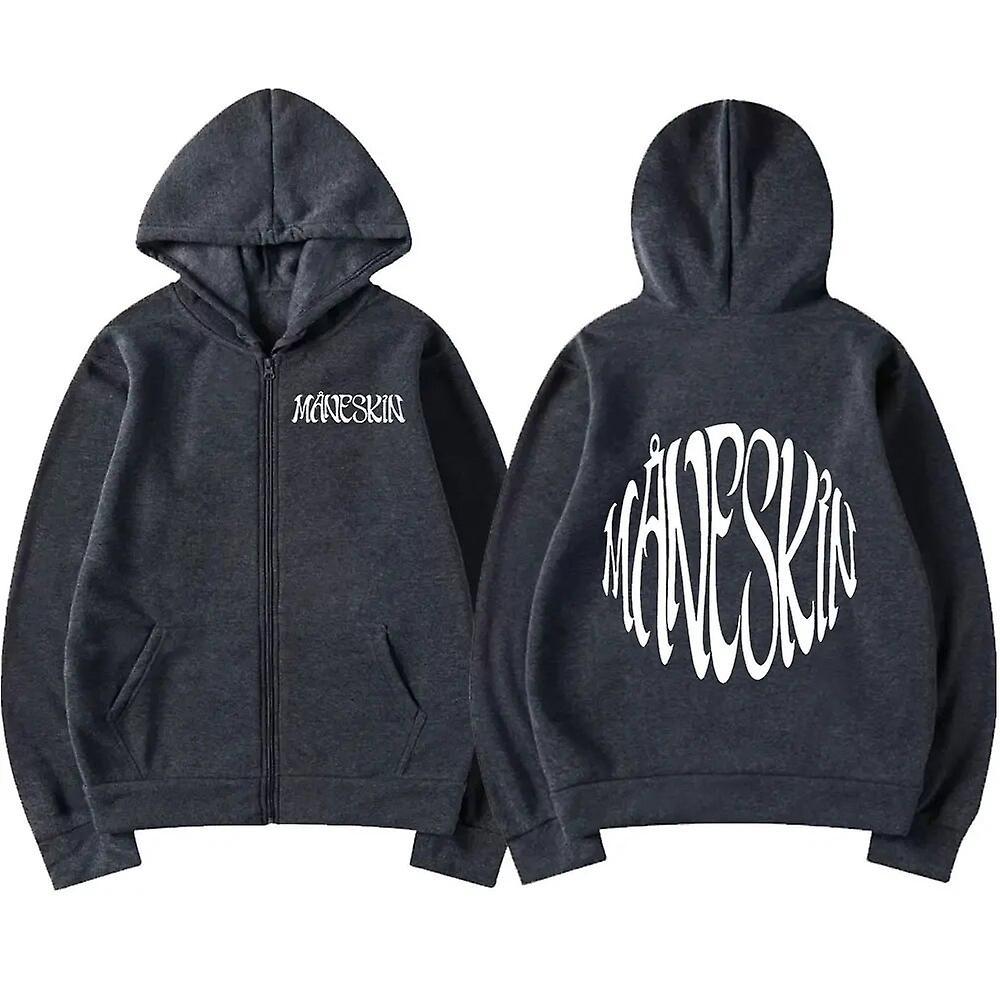 Eccpp Italian Rock Band Maneskin Logo Zipper Hoodie Men Women Harajuku Vintage Zip Up Cardigan Sweatshirt Punk Oversized Jacket Hooded Dark gray S