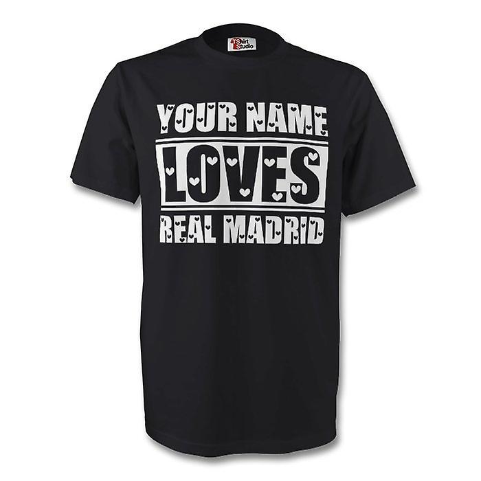 Gildan Your Name Loves Real Madrid T-shirt (black) Womens L (Size 14 - 36 inch Chest)