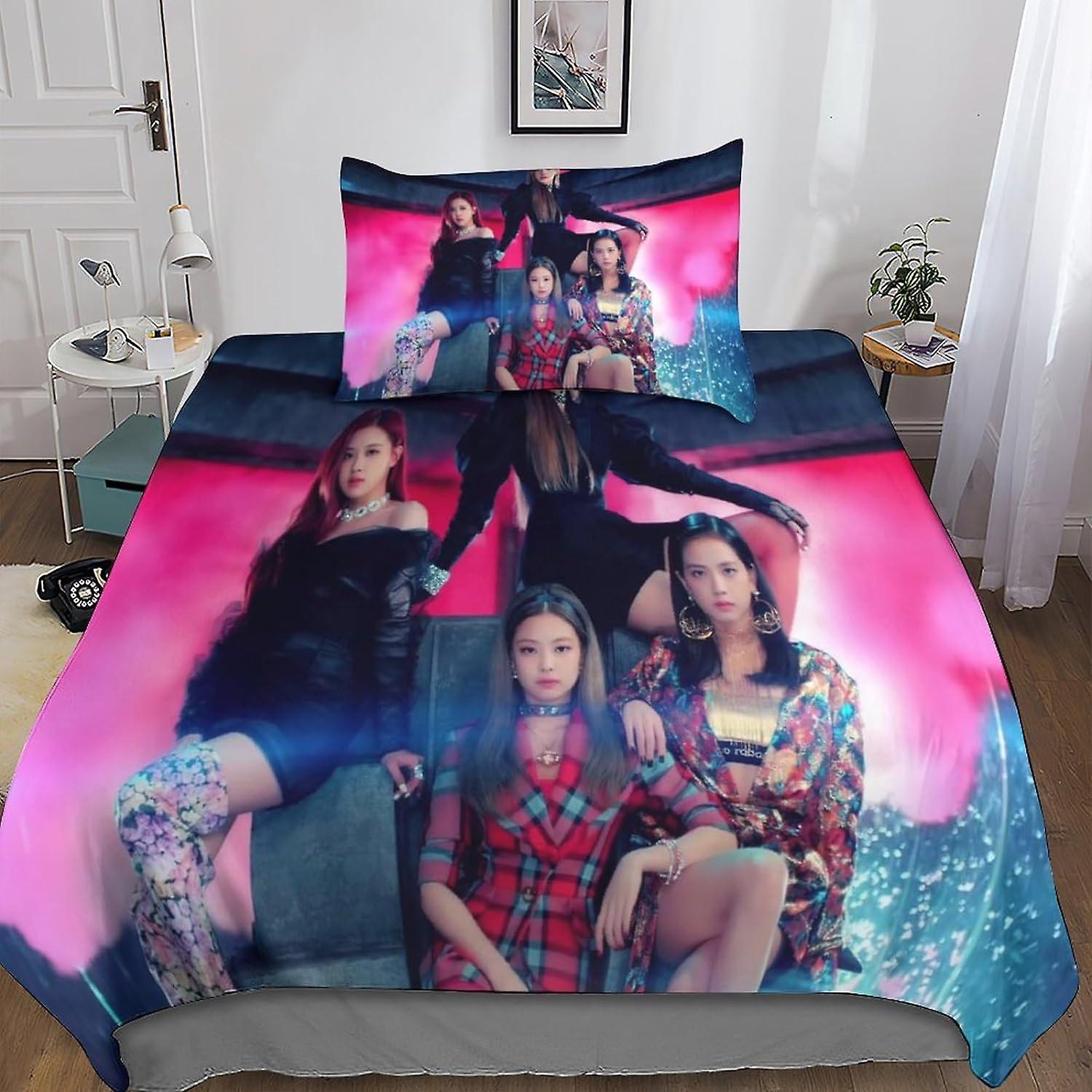 Kerota Black.Pink 3D Printed Bedding Set Duvet Cover Pillowcase, 2 Piece Kpop Bedding Set with Zipper Closure, for Adults and Children Single Singl...